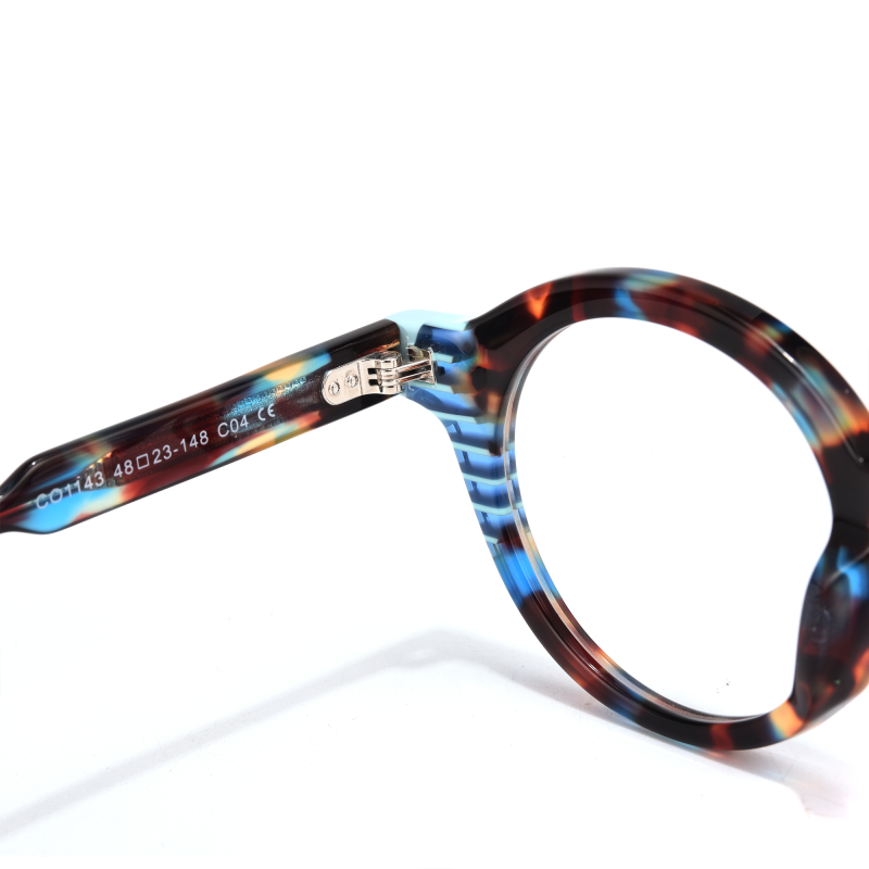 Colorful eyeglass frame with clear temple details