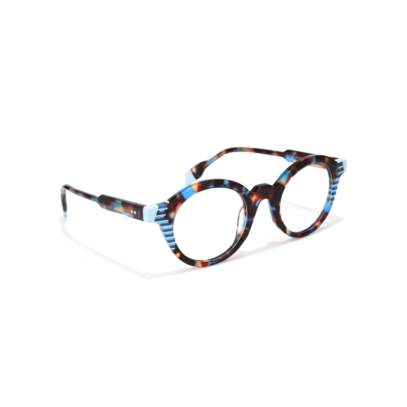 Colorful round eyeglasses with striped accents.