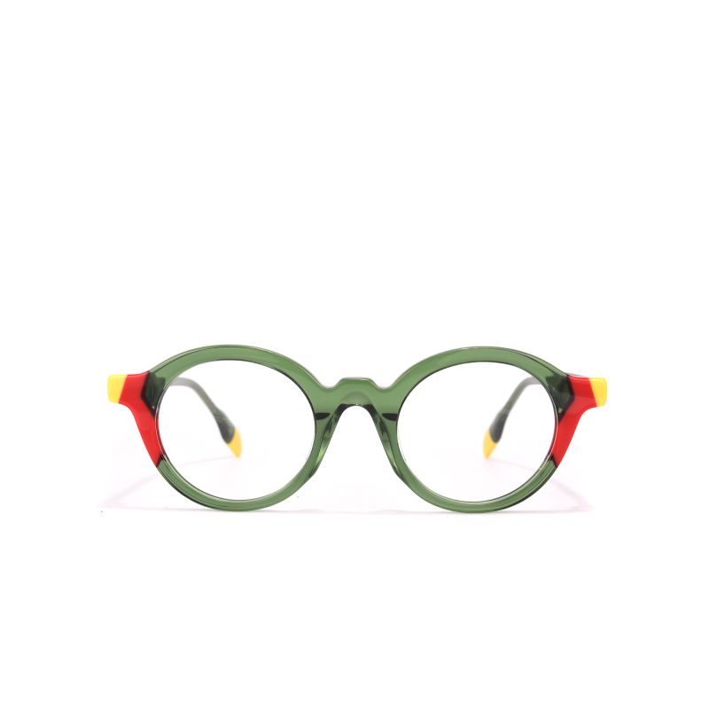 Colorful round glasses with green frame.