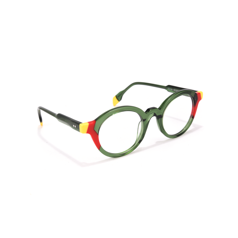 Colorful green eyeglasses with red and yellow accents.