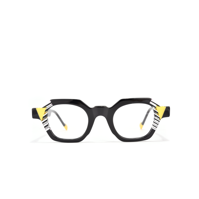 Black eyeglasses with yellow accents, white striped arms.