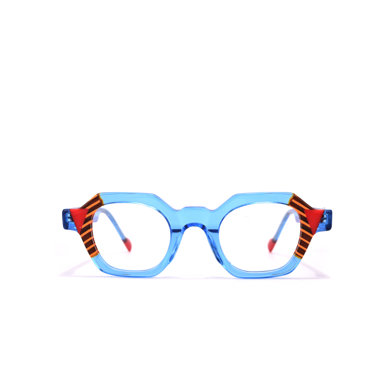Colorful geometric eyeglasses on white background.