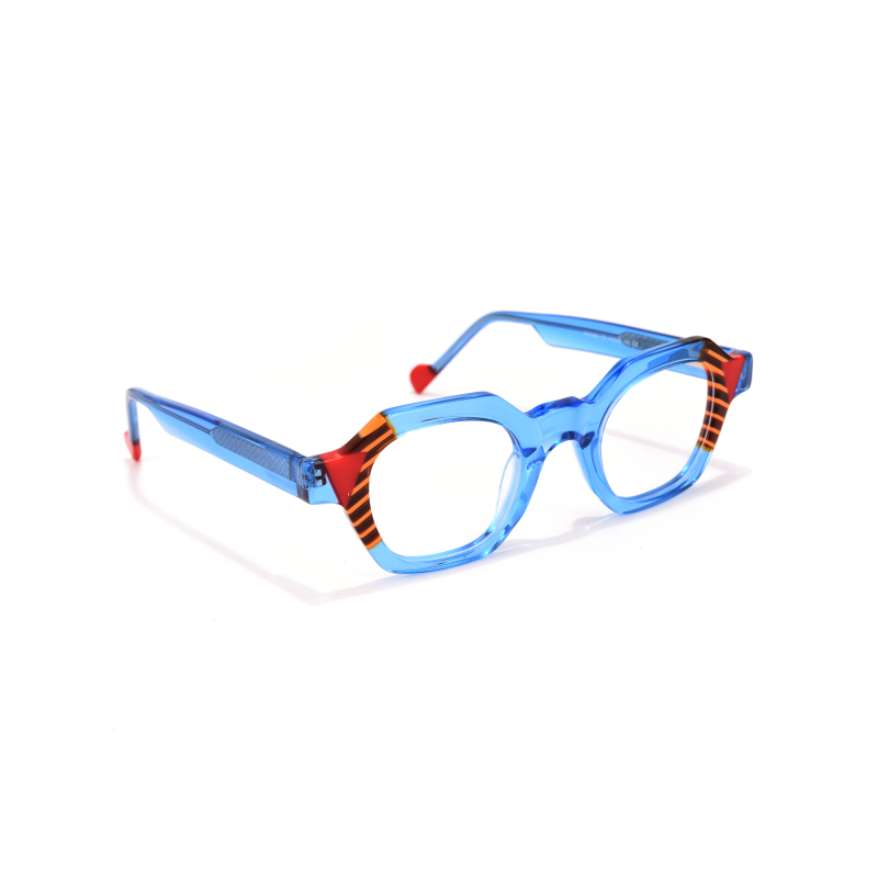 Colorful blue and red eyeglasses with striped design.