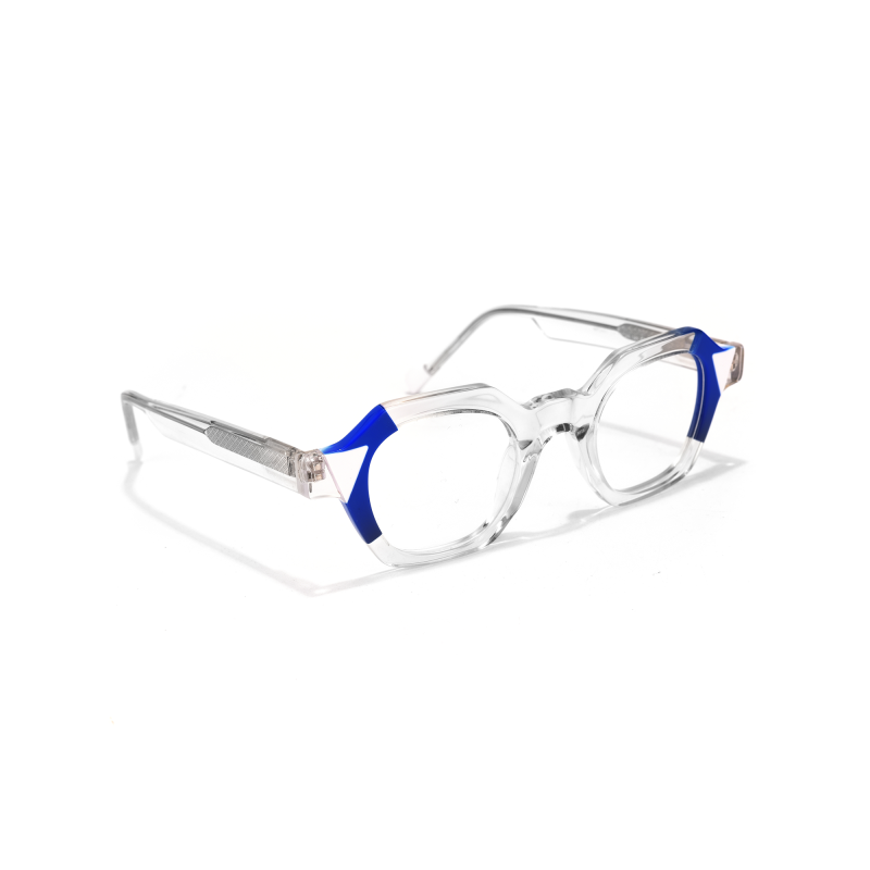 Blue-accented clear eyeglasses on white background