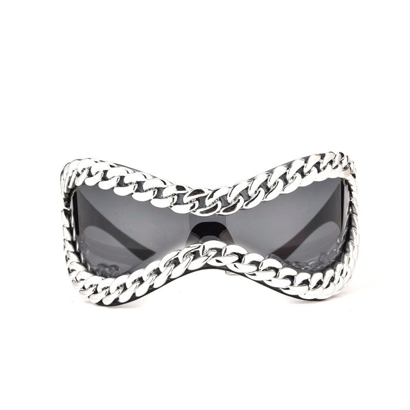 Chained black sunglasses with unique design.