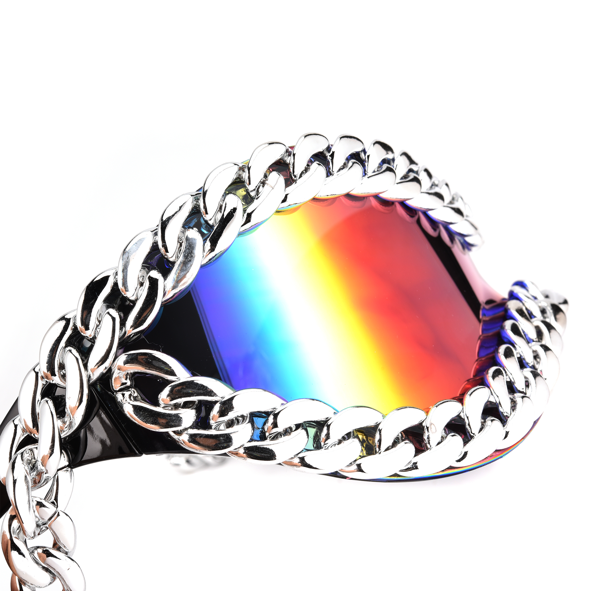 Chain Reaction sunglassess festival rainbow silver chain close up Silver chain with rainbow reflective surface