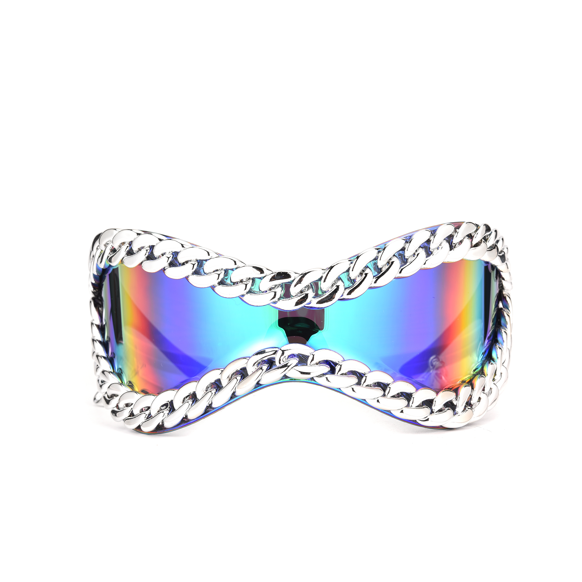 Chain Reaction sunglassess festival rainbow silver chain front view Futuristic sunglasses with chain design and rainbow lenses.