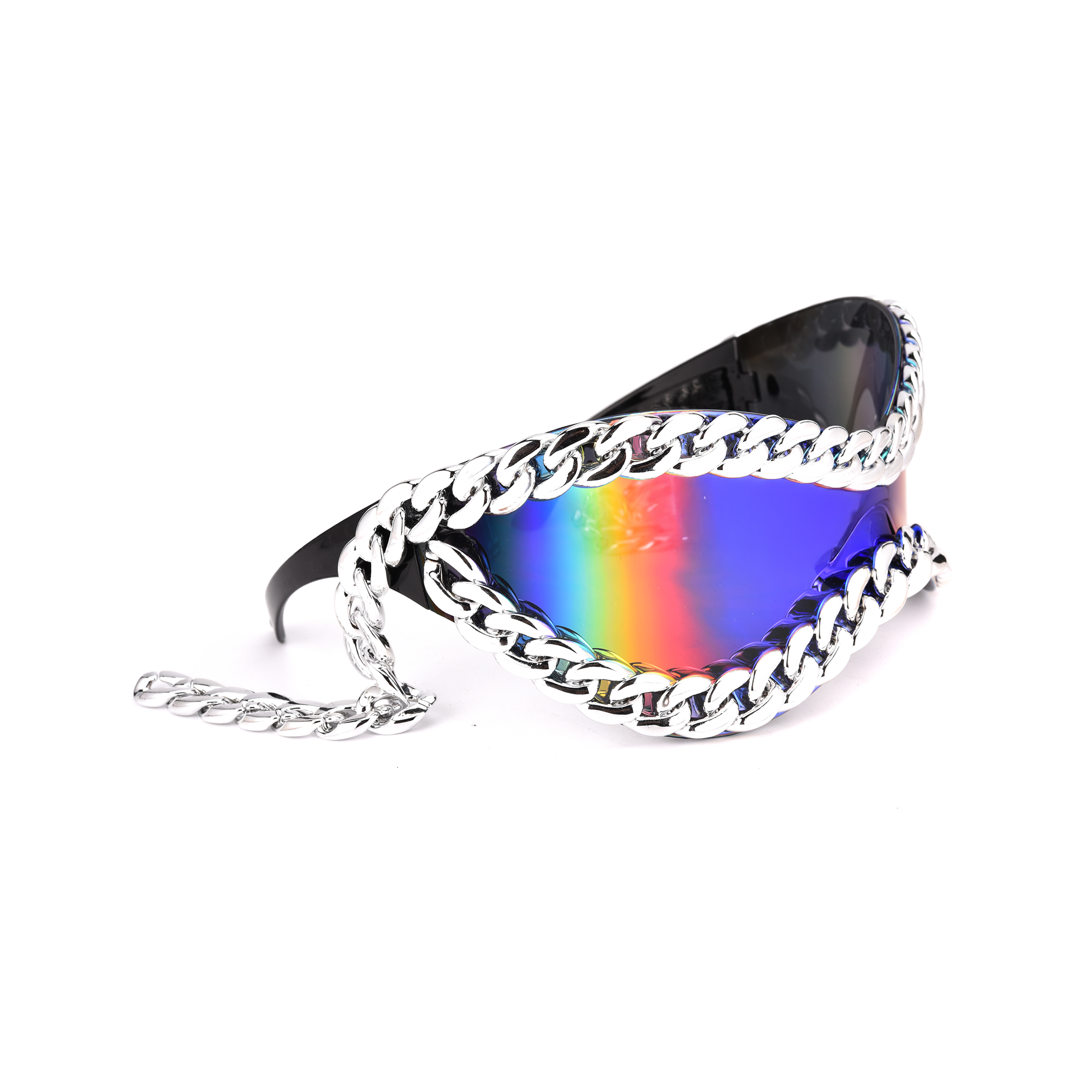 Chain Reaction sunglassess festival rainbow silver chain side view Colorful sunglasses with chain decoration.