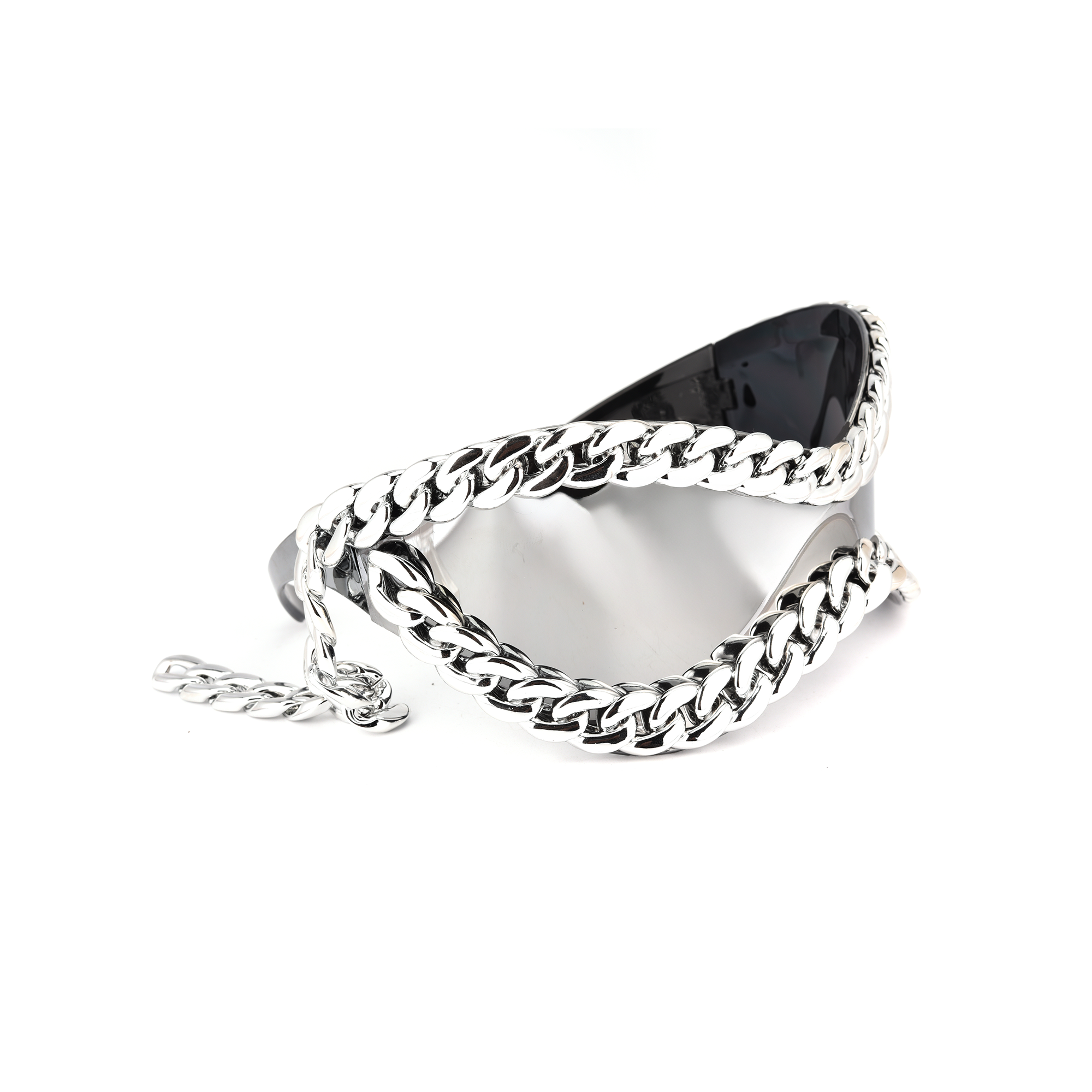 Chain Reaction sunglassess festival style side view Silver chain fashion sunglasses on white background.