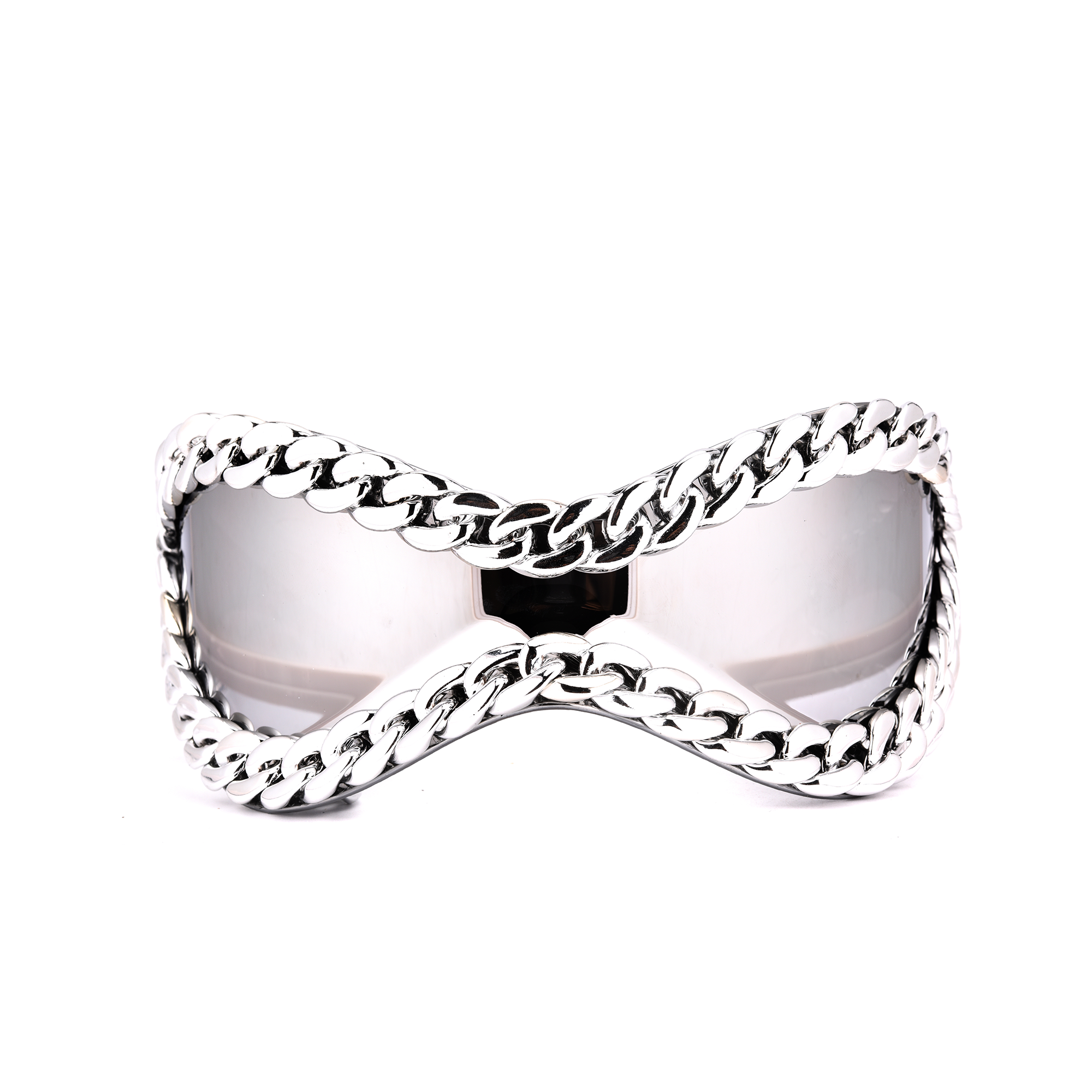 Chain Reaction sunglassess festival style silver front view Silver chain sunglasses with mirrored lenses