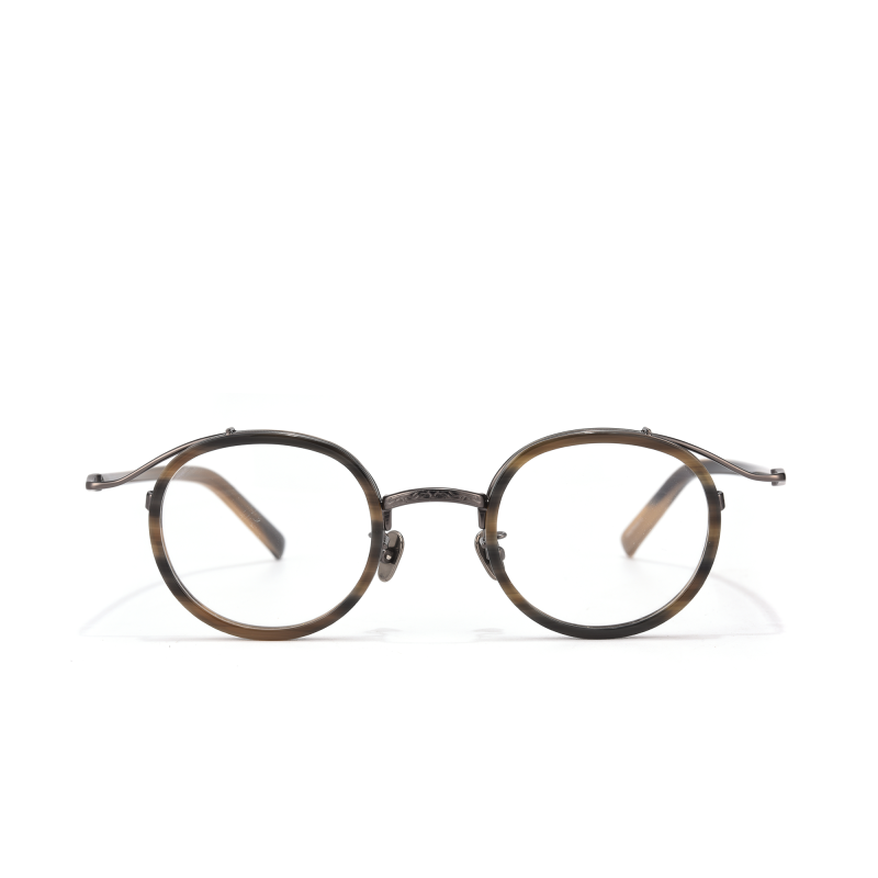 Round eyeglasses with black frames on white background.