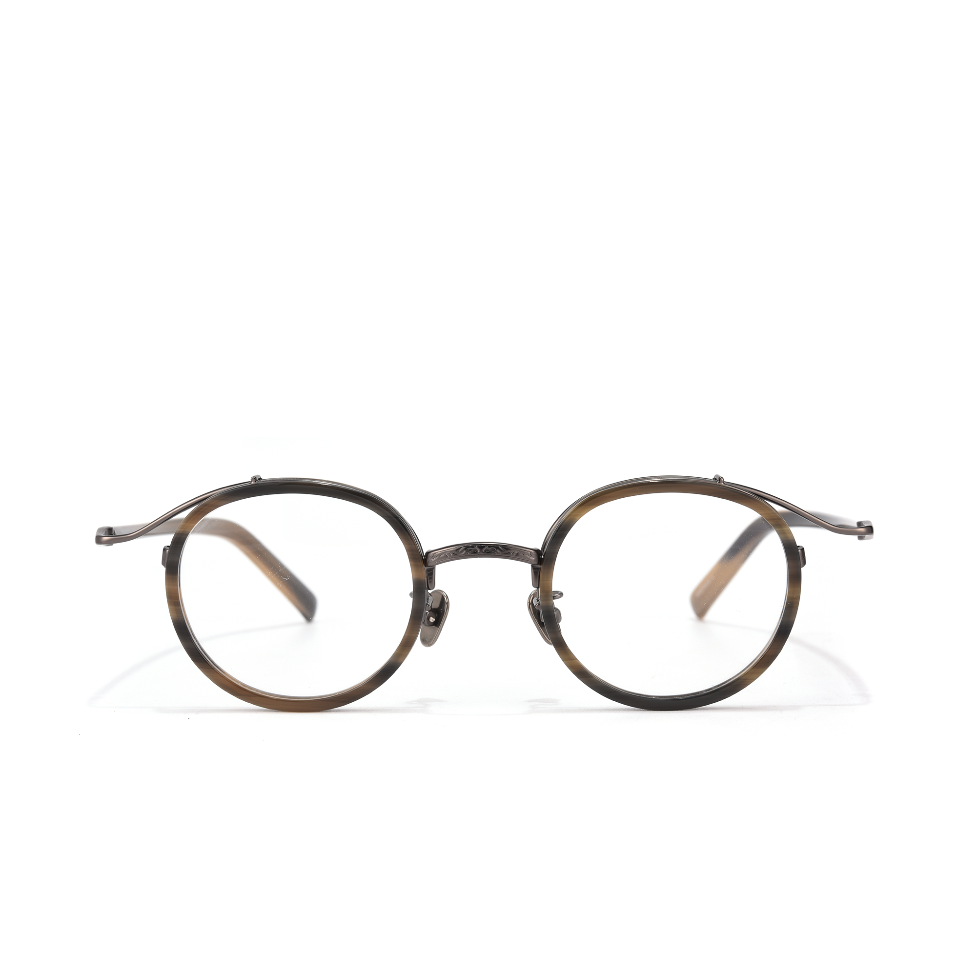 Cottesmore brown front view Round eyeglasses with black frames on white background.