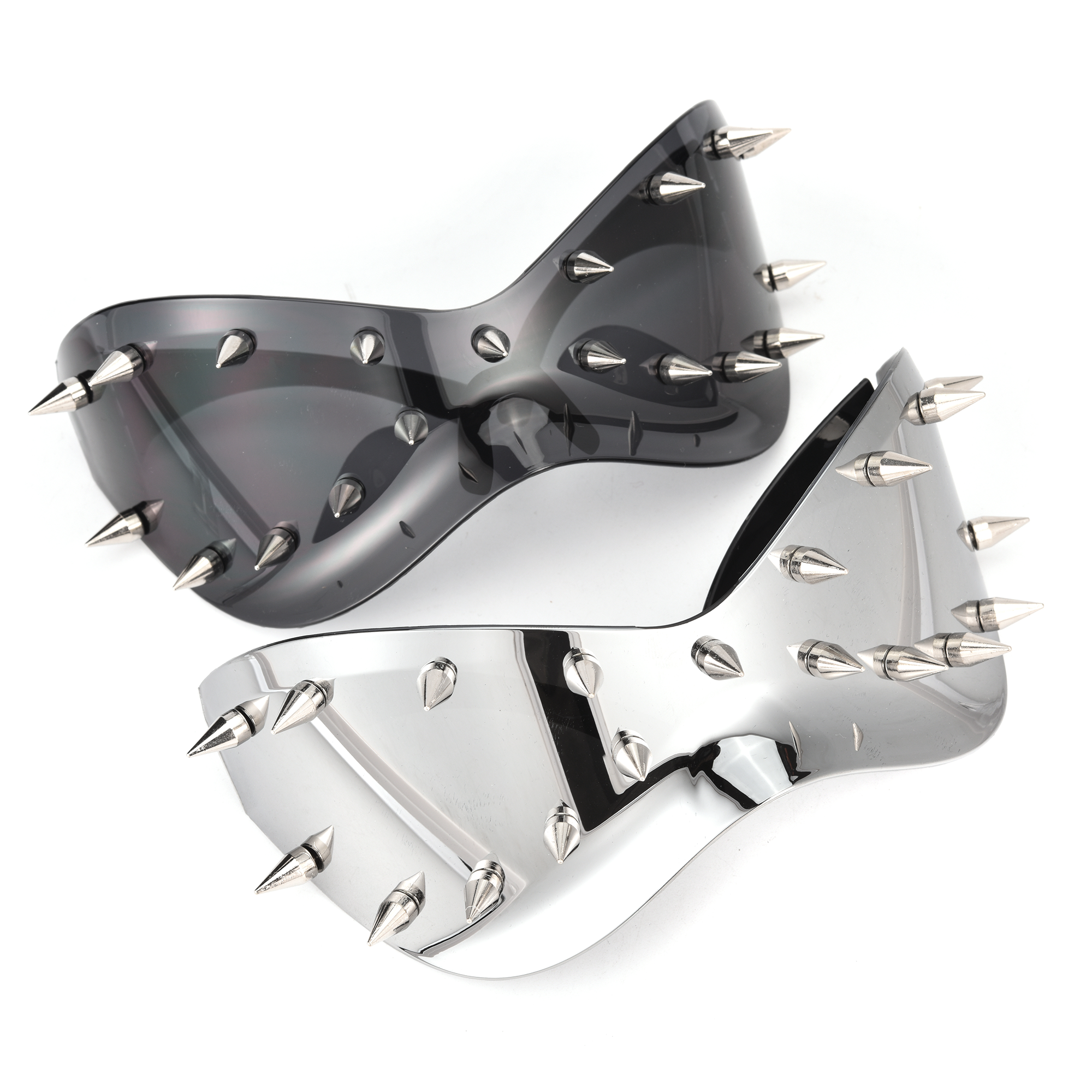 Maison sunglassess festival style spikes close up black and silver Futuristic spiked sunglasses, edgy design fashion accessory.