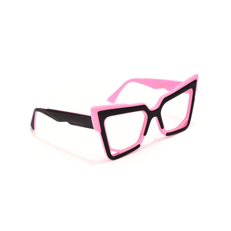 Pink geometric glasses with black accents