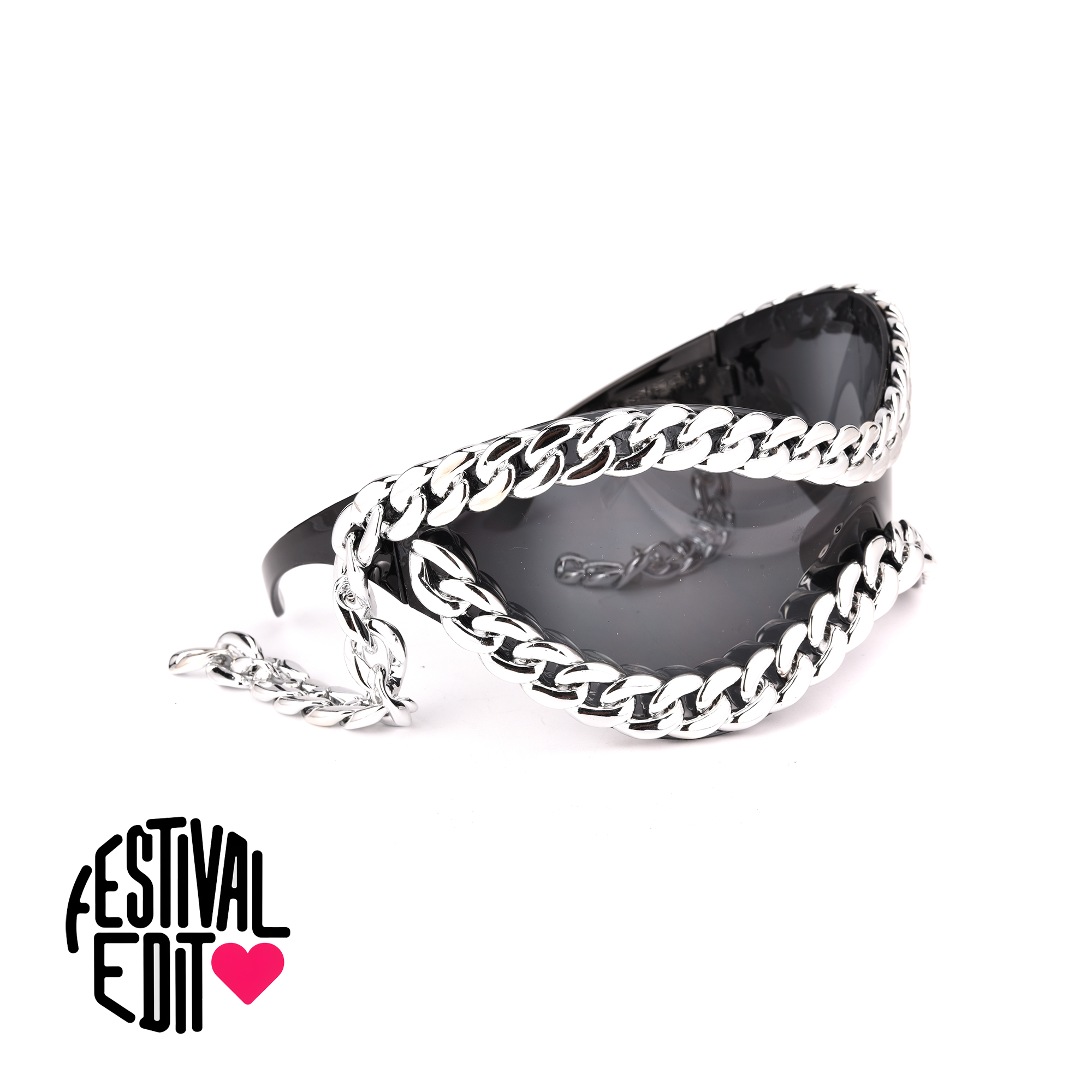 Prodigy black front view festival edit Sunglasses with silver chain decoration