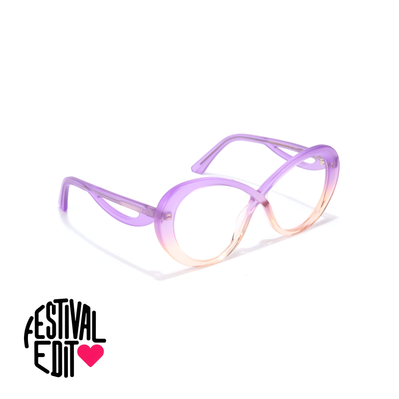 Purple gradient oversized sunglasses on white background.