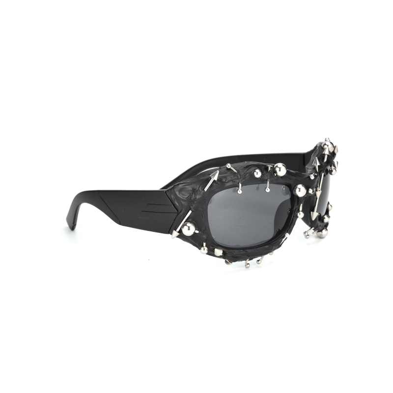 Stylish black sunglasses with silver decorative accents.