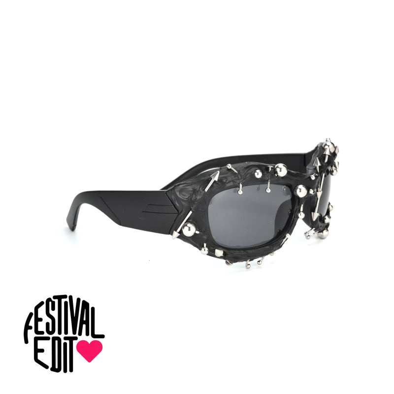 Black studded sunglasses with festival design.