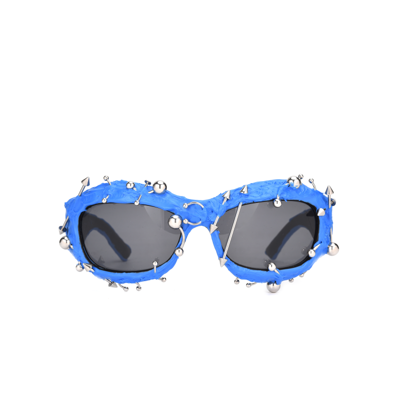 Blue sunglasses with metallic spikes and spheres