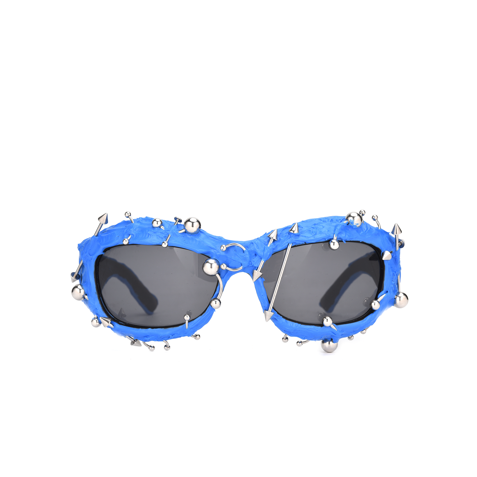 Renegade blue front view Blue sunglasses with metallic spikes and spheres
