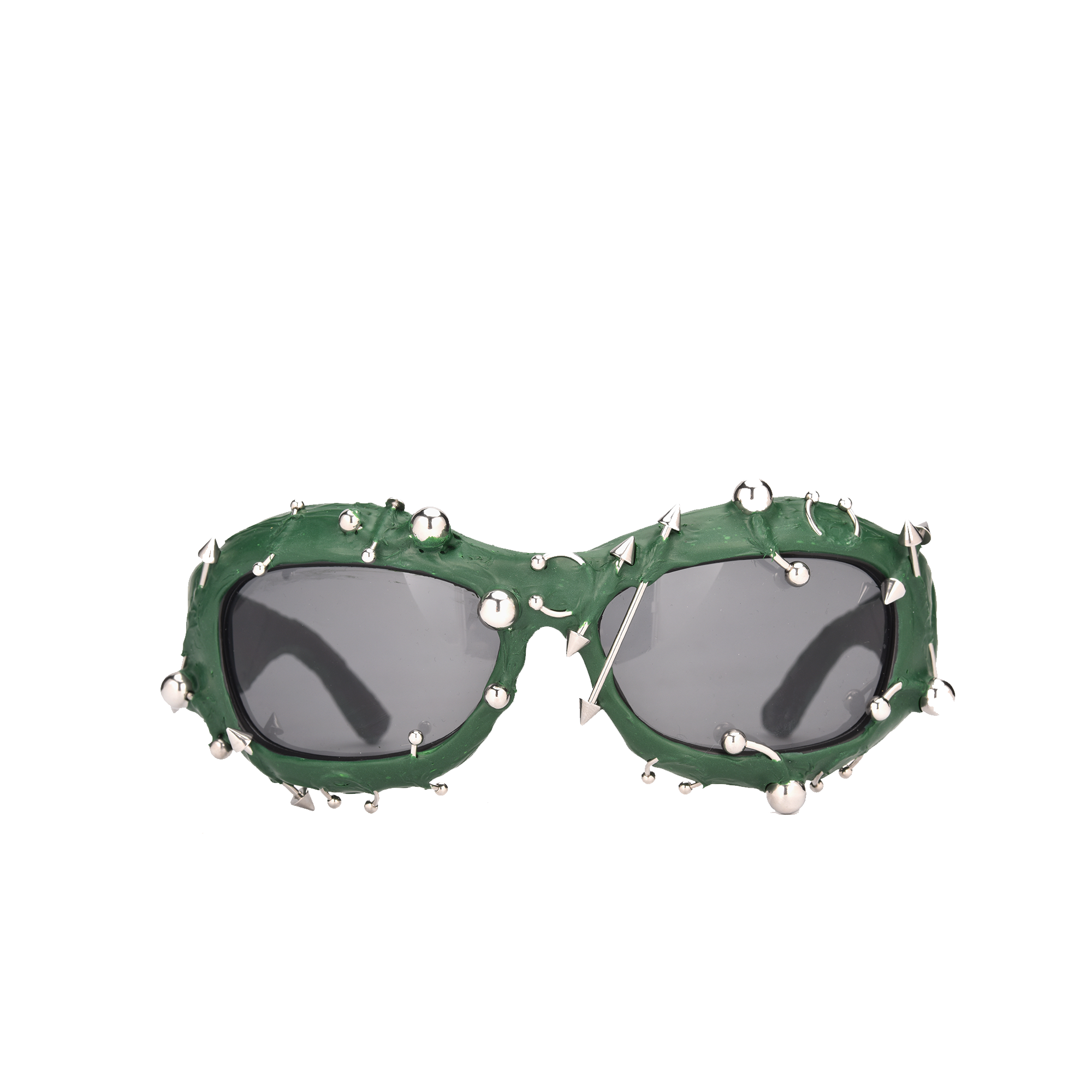 Renegade green front view Spiked green sunglasses with metal decorations