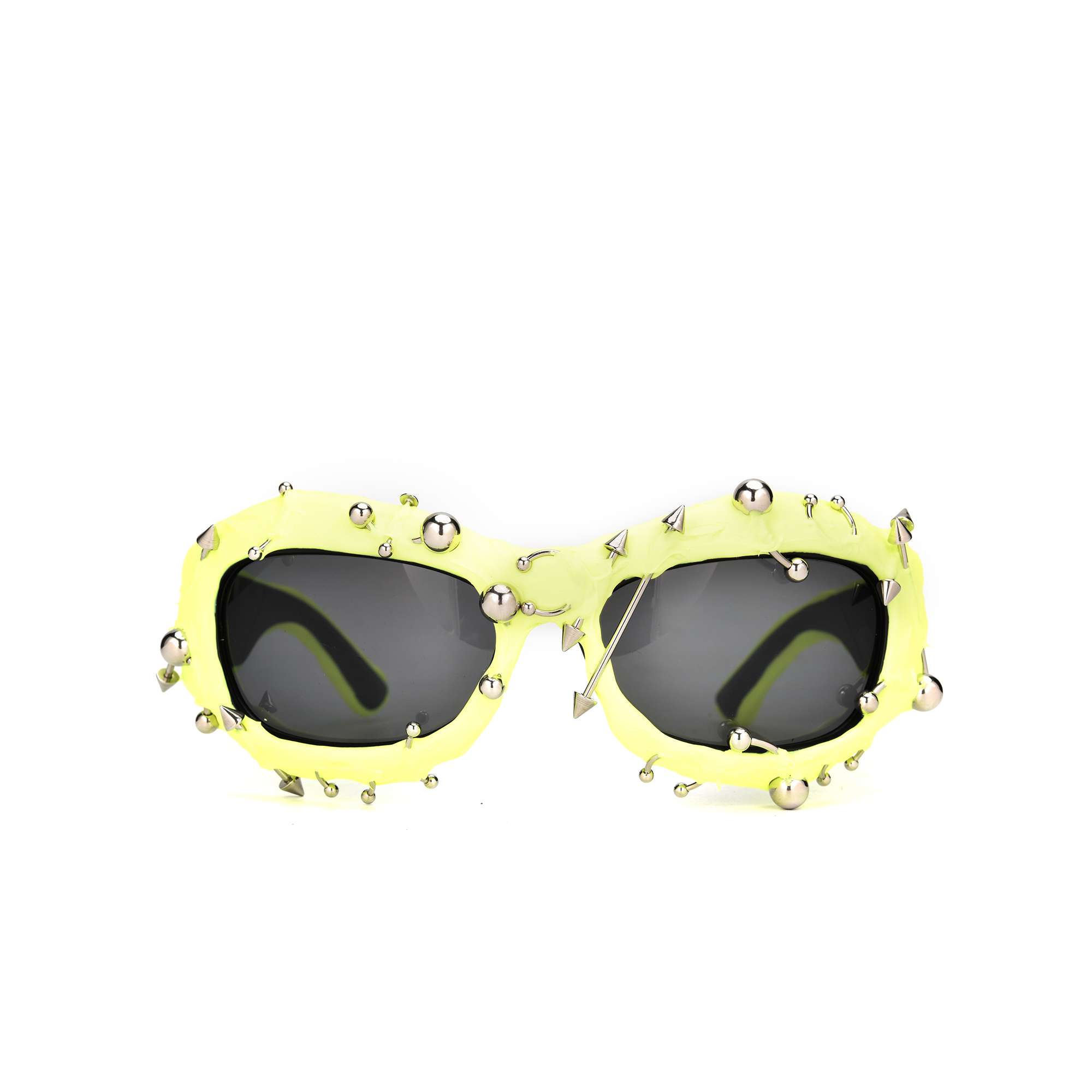 Renegade yellow front view Yellow spiked sunglasses with black lenses.