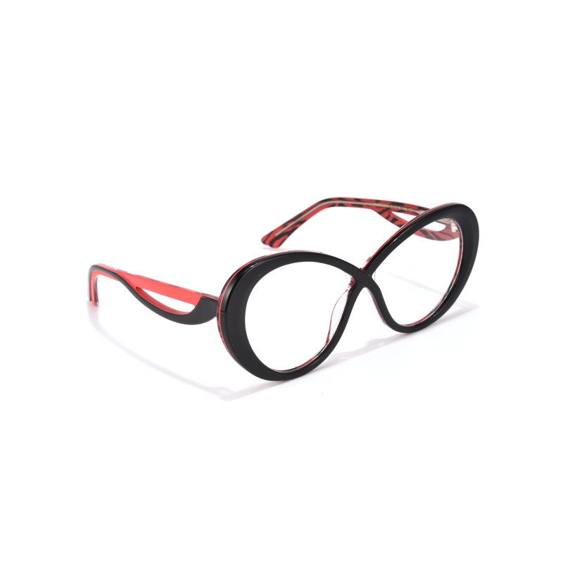 Stylish red and black eyeglasses on white background.