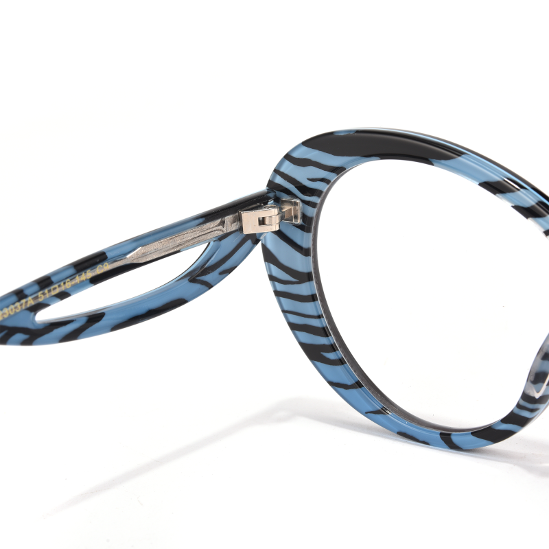 Close-up of blue patterned eyeglass frame