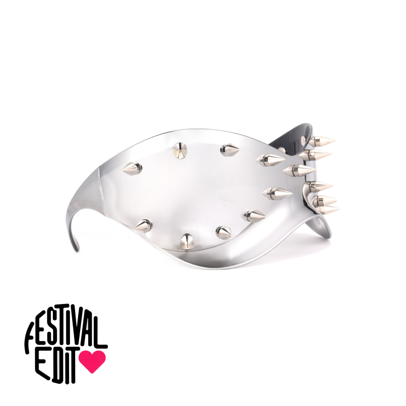 Spiked silver visor mask for festivals.