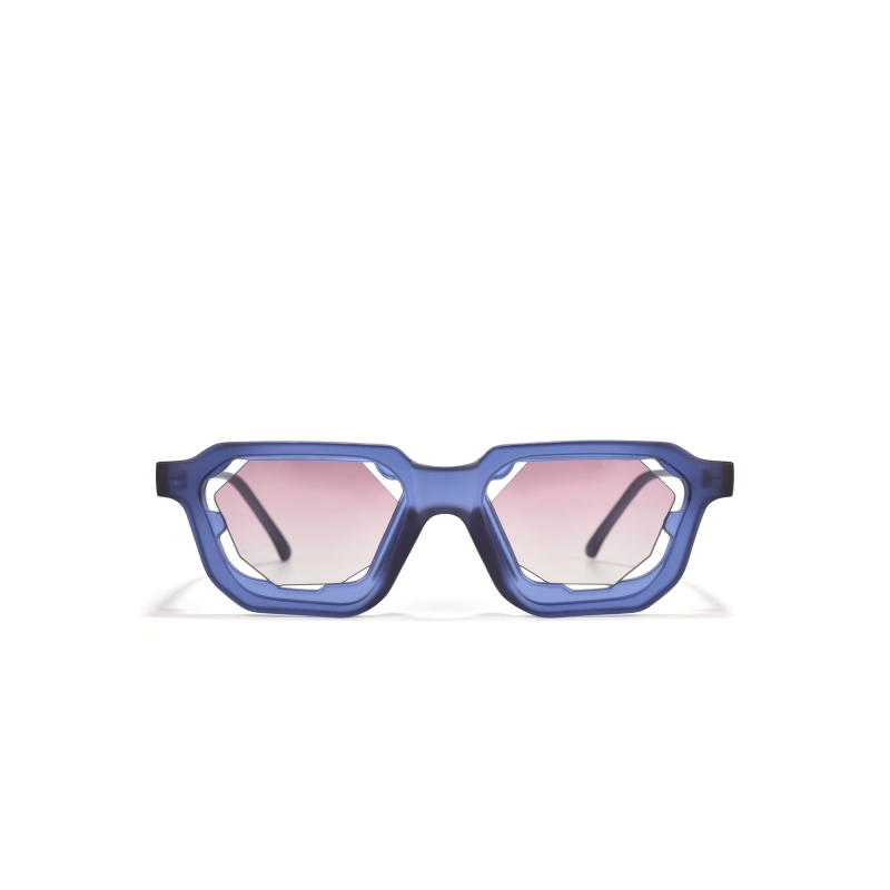 Hexagonal blue sunglasses with pink gradient lenses.