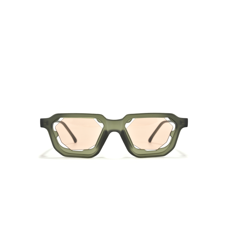 Hexagonal olive green sunglasses with tan lenses.