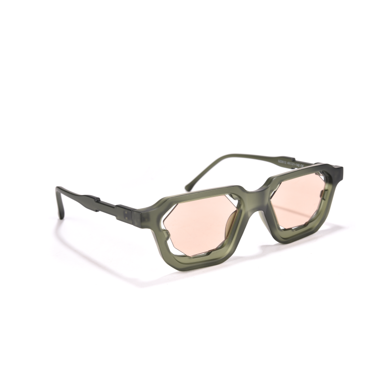 Green sunglasses with geometric lenses and pink tint.