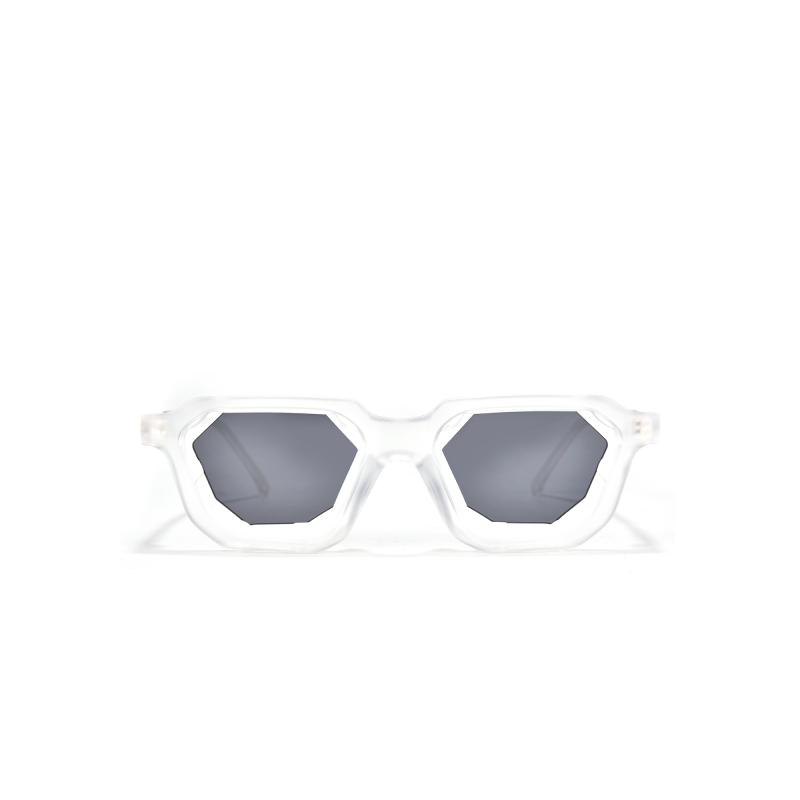 Hexagonal sunglasses with clear frame and dark lenses.