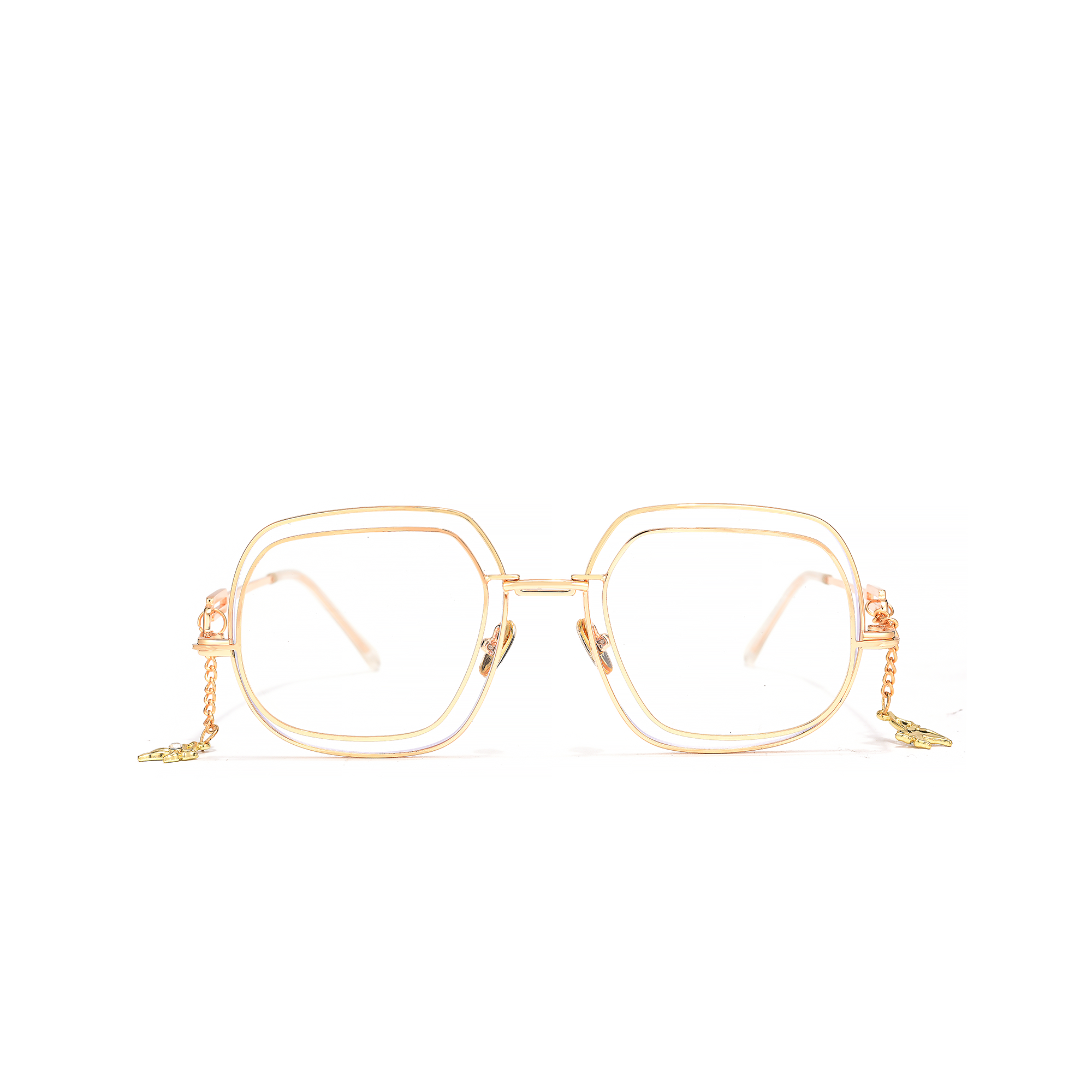 Clarendon gold front Gold square glasses with chain detail.