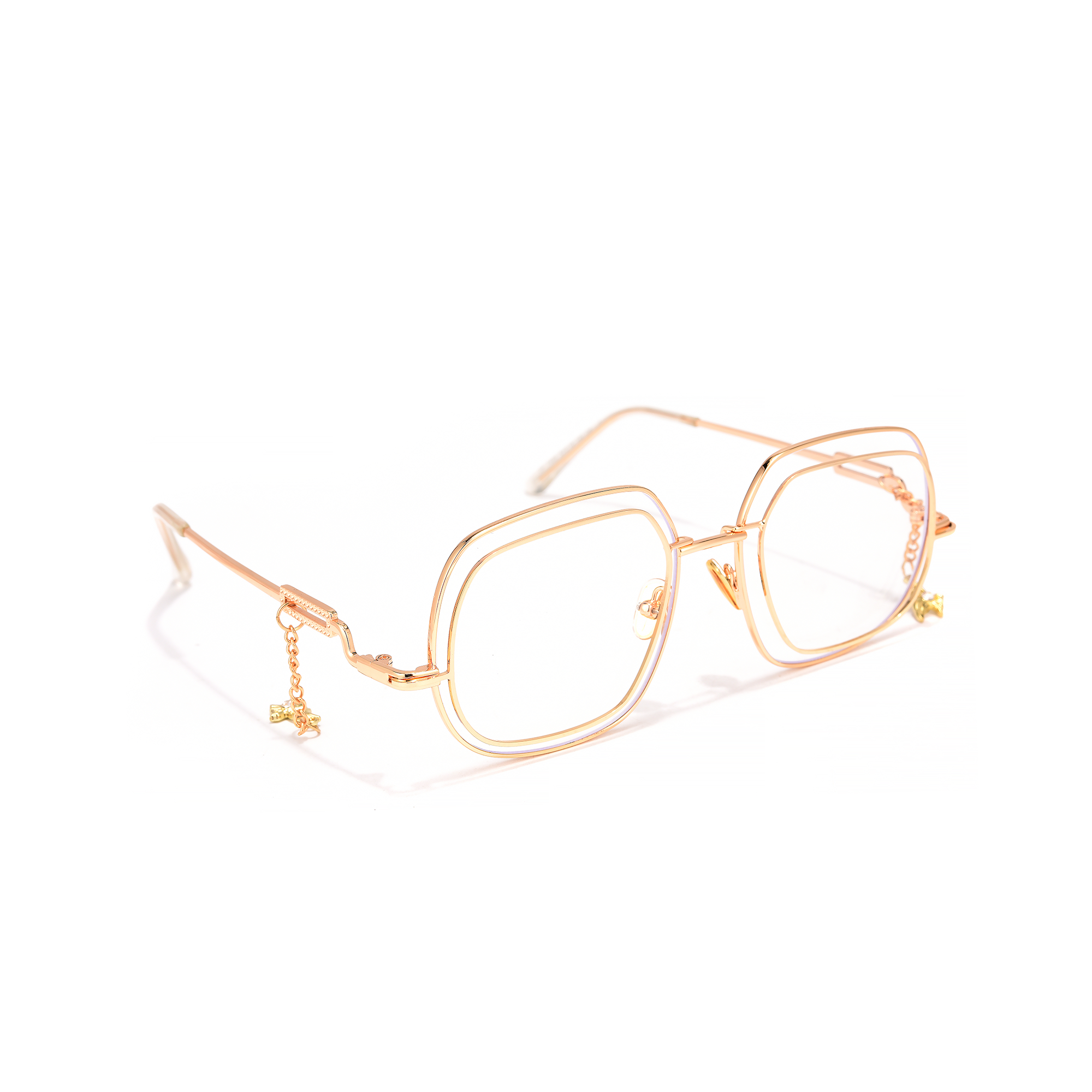 Clarendon gold side Gold square-rimmed eyeglasses with chain detail