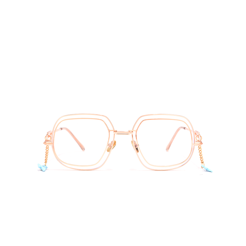 Gold square glasses with decorative chain.