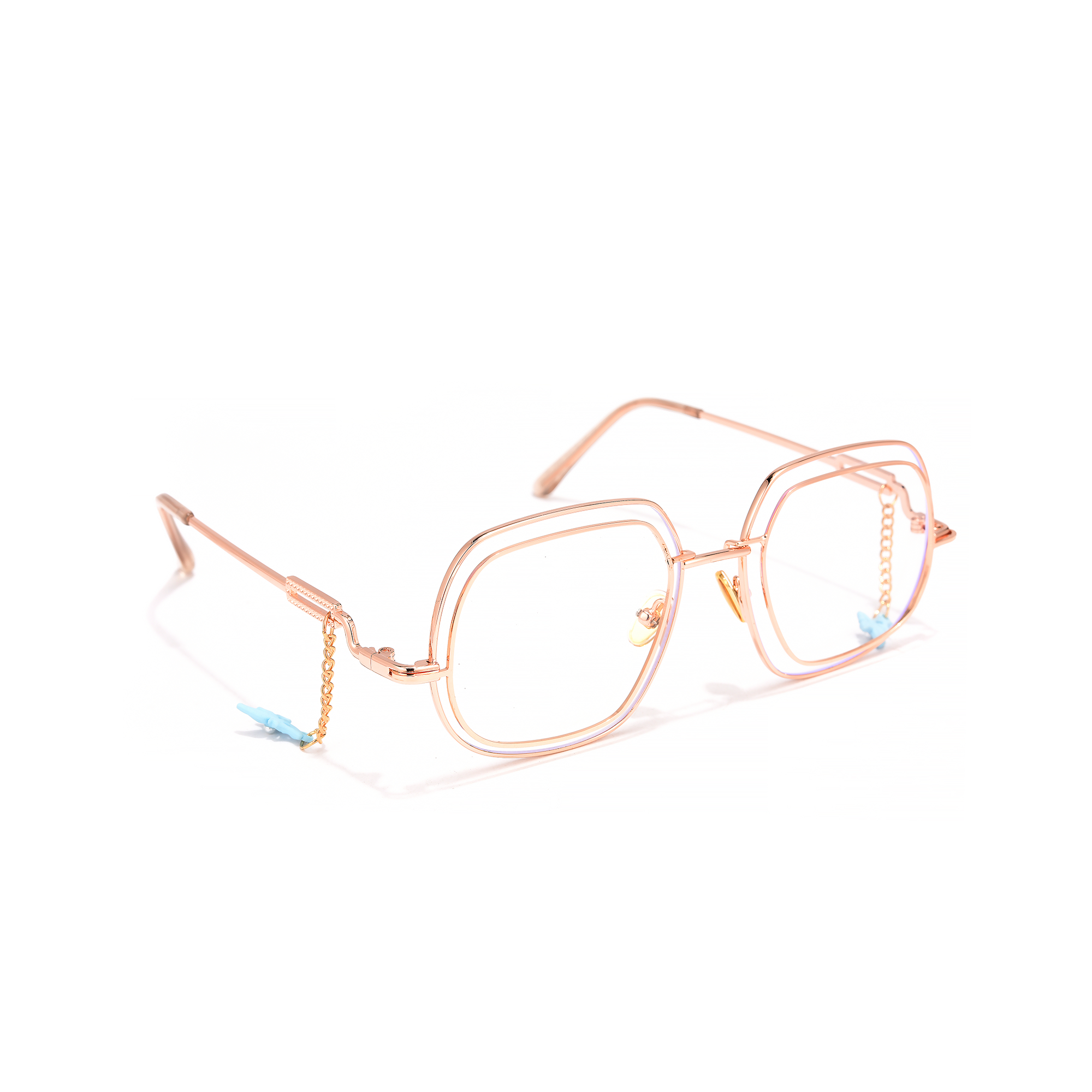 Clarendon rose gold side Elegant square eyeglasses with gold frame and chain.