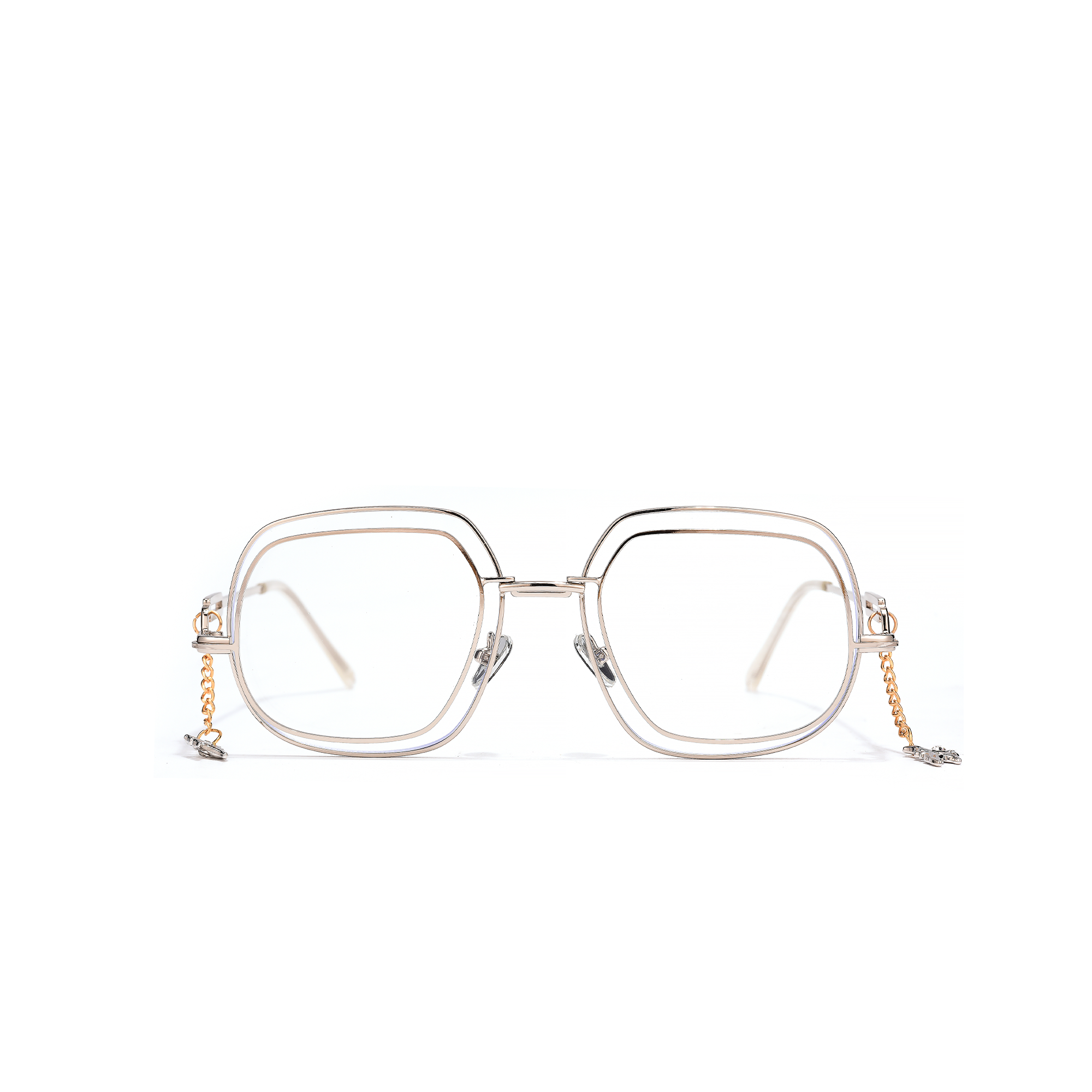 Clarendon silver front Square gold eyeglasses with chain accents.