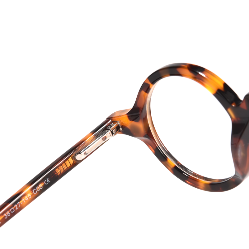 Close-up of tortoiseshell eyeglass frame on white background.