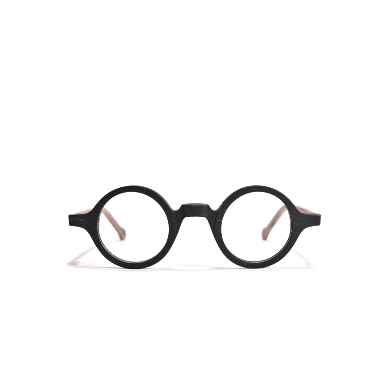 Round black eyeglasses on white background.