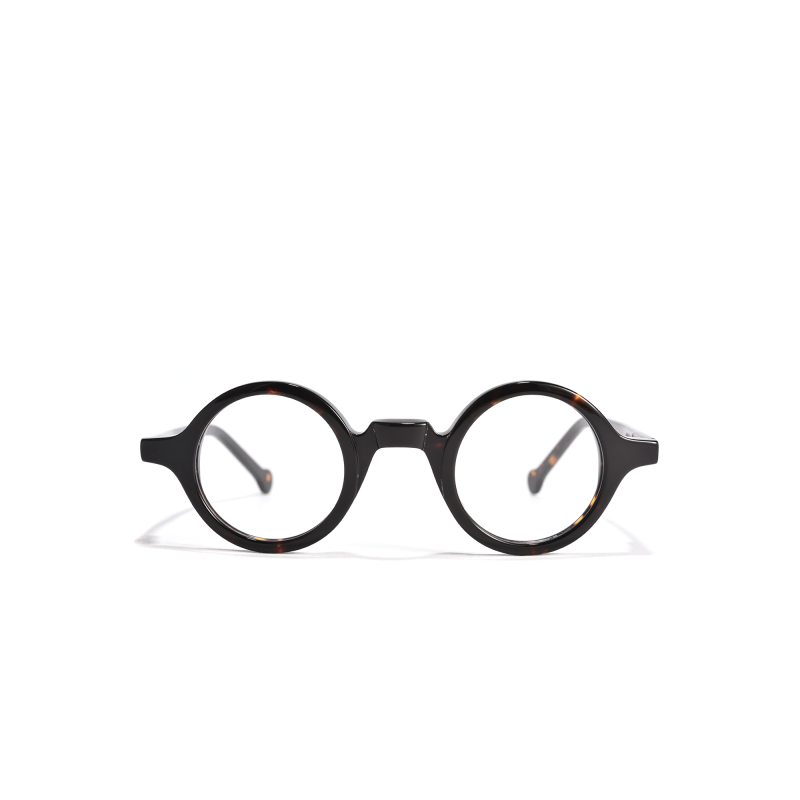 Round black eyeglasses on white background.