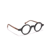 Round glasses with wooden arms on surface