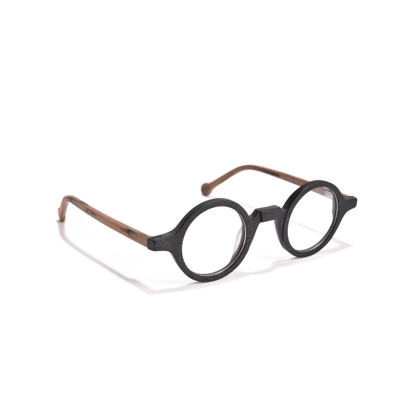 Round glasses with wooden arms on surface