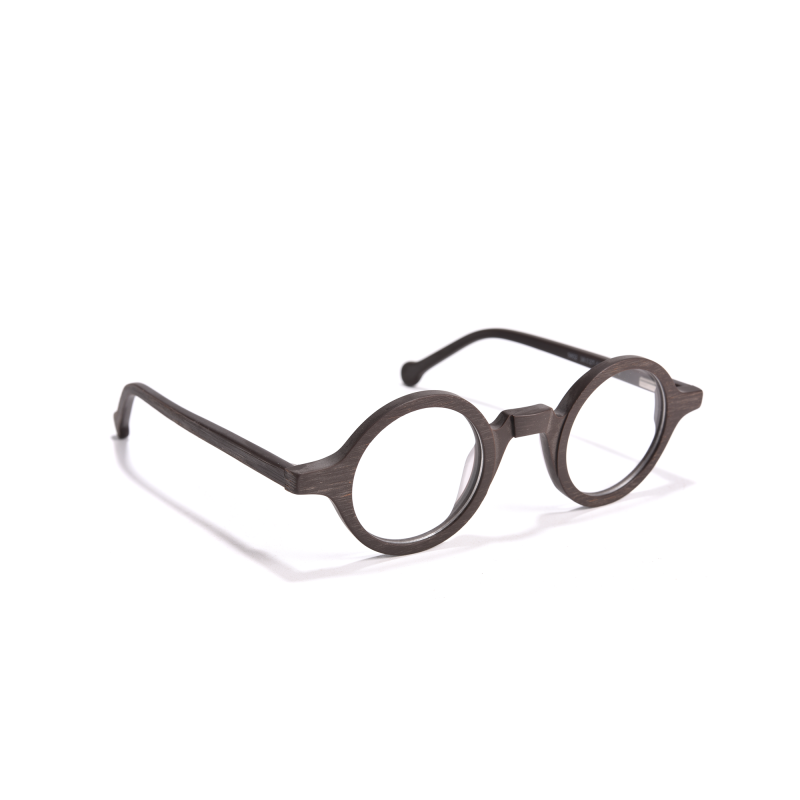 Round wooden eyeglasses on white background