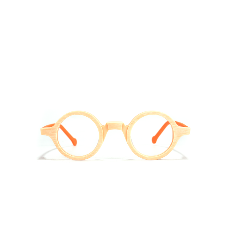 Round wooden eyeglasses with orange temples