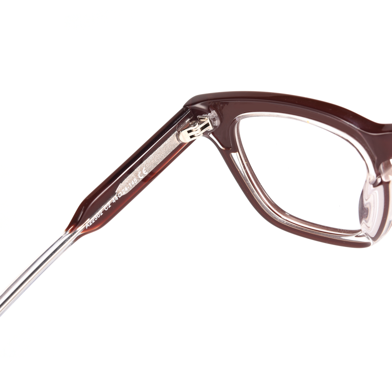 Close-up of brown eyeglass frame.