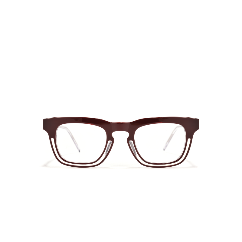 Brown rectangular eyeglasses on white background.