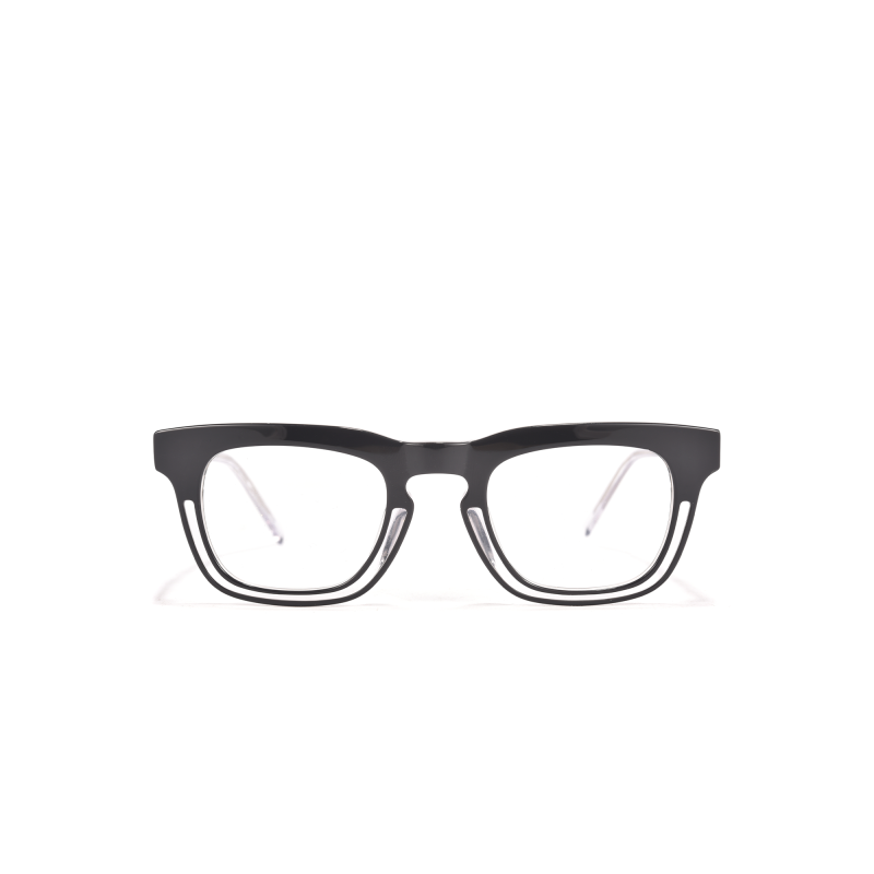 Black eyeglasses with clear lenses on white background.