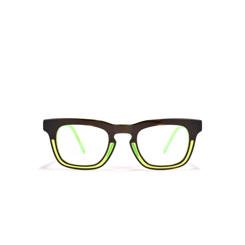 Stylish green-accented glasses on white background.