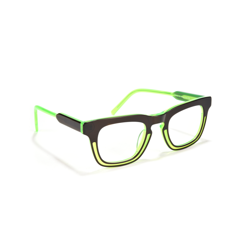 Green and black stylish eyeglasses on white background.